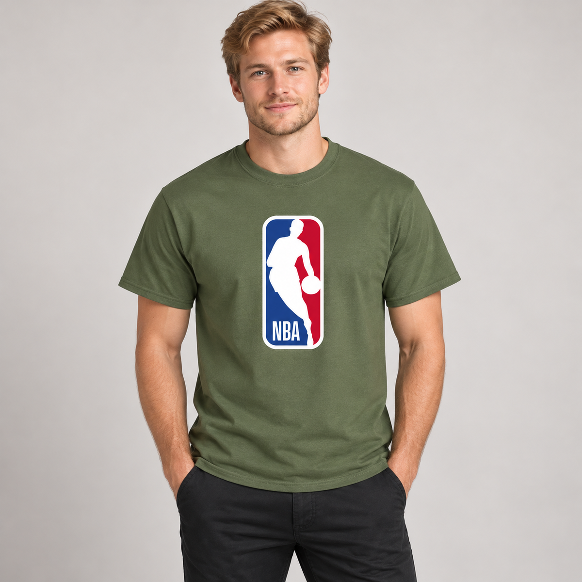 Army Green - Model View - Men's NBA Cotton T-Shirt