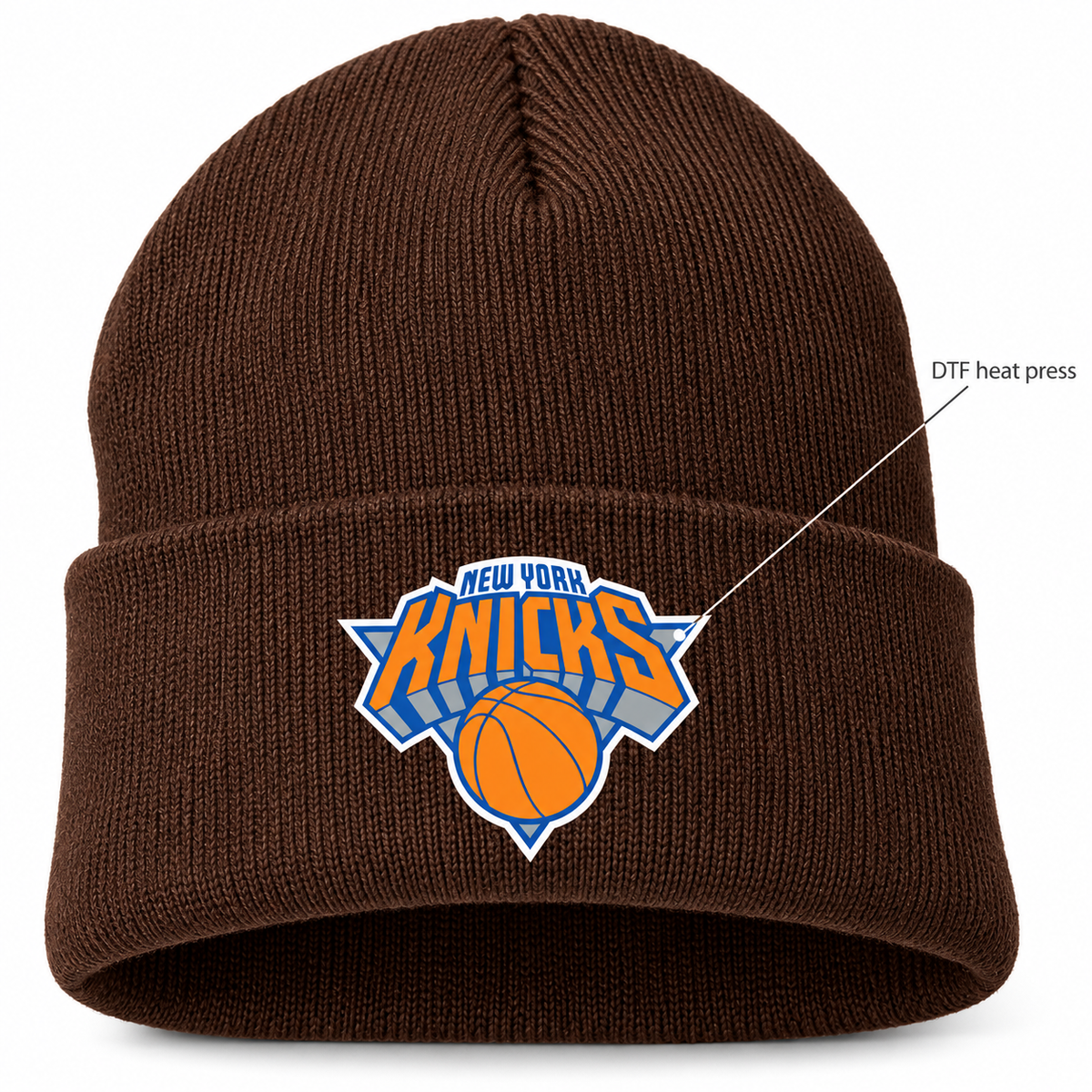 Brown - DTF Heat Press Detail - New York Knicks Beanie Hat
