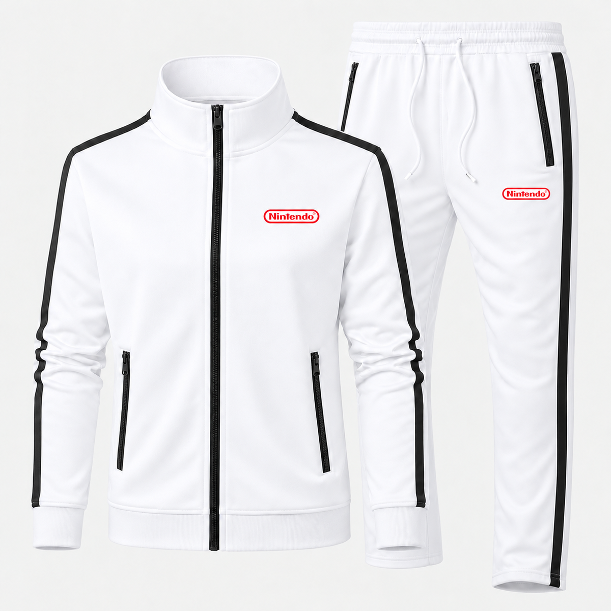 Nintendo Dri-Fit Tracksuit in White, updated style with contrast zippered pockets