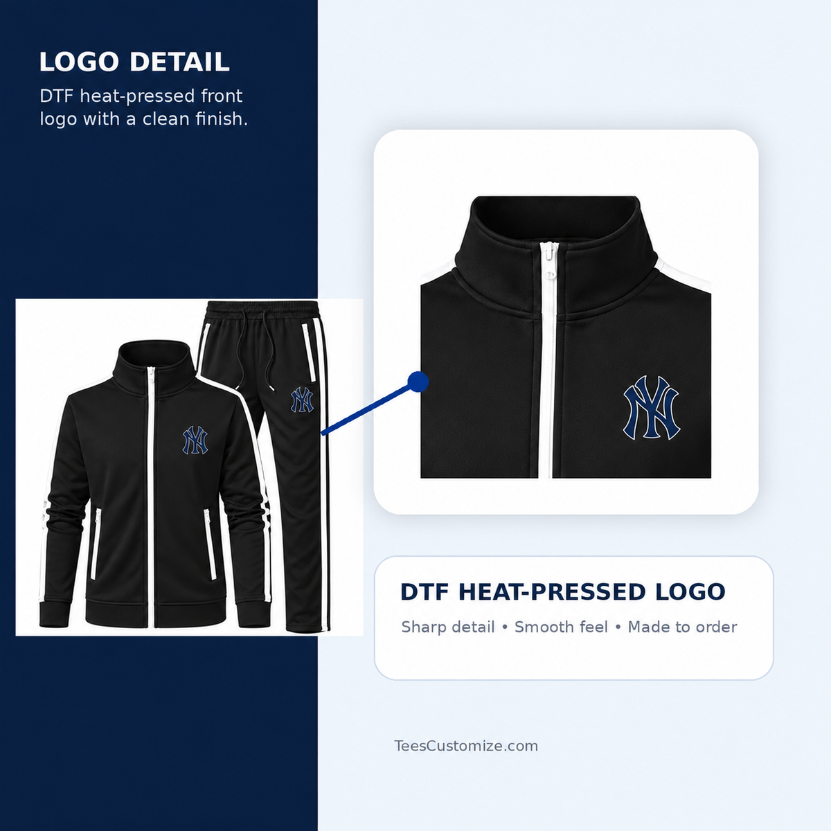 New York Yankees new-style black tracksuit logo detail card with outlined NY print and white center zipper