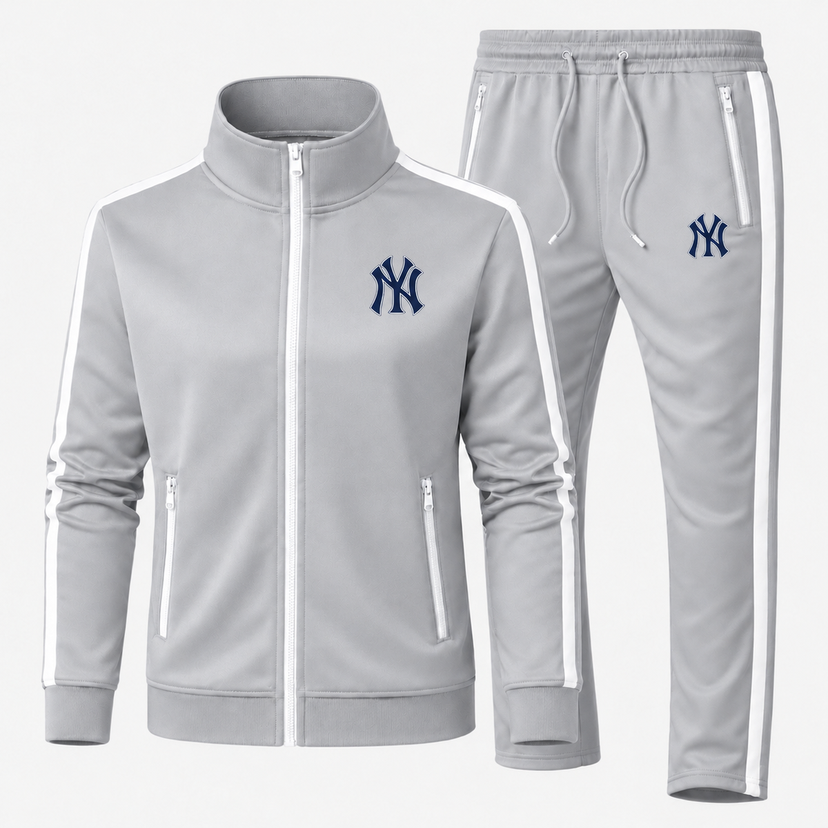 New York NY Yankees gray new-style tracksuit with outlined navy monogram chest and pocket logos