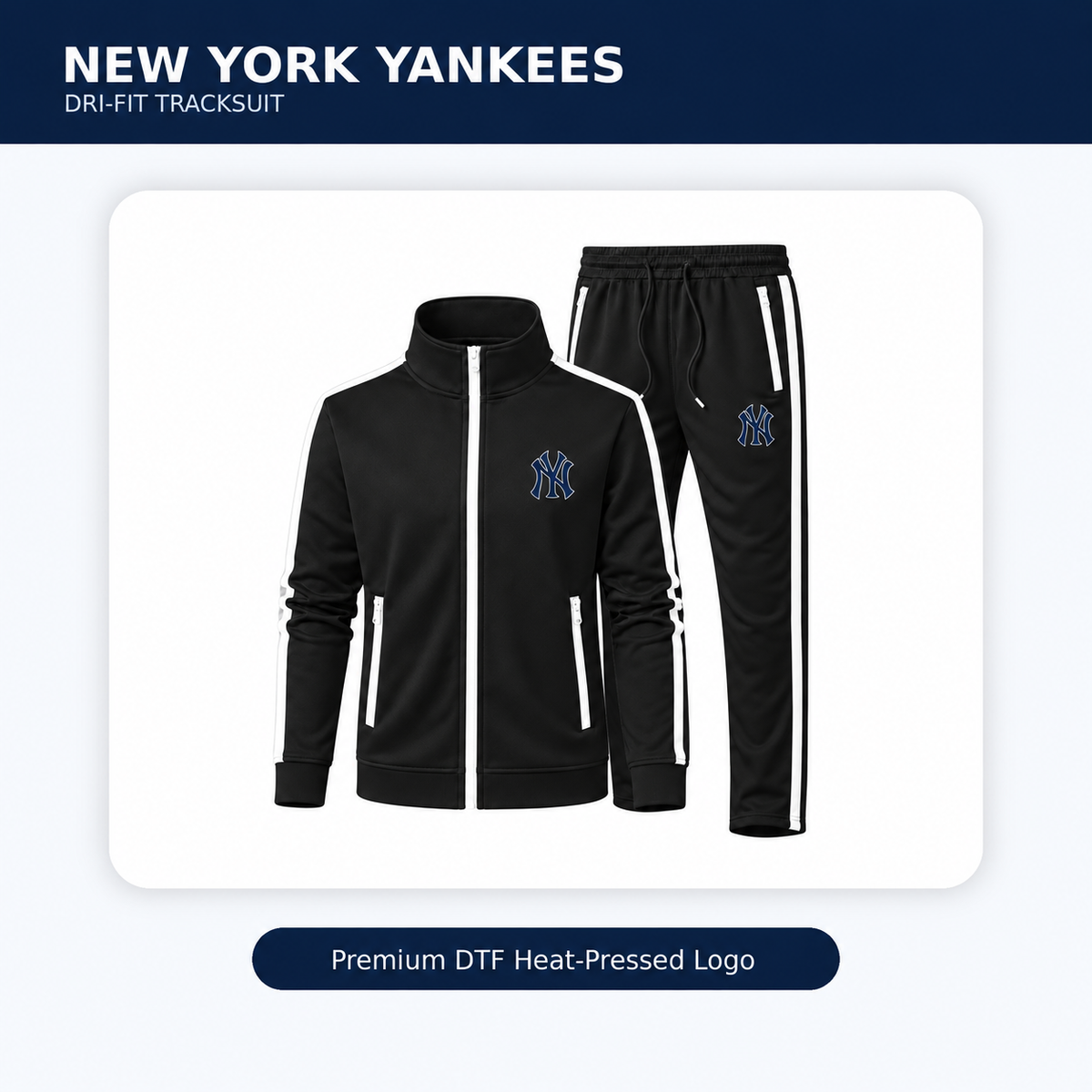 New York Yankees new-style black tracksuit hero showing white zippered pockets and outlined NY logos