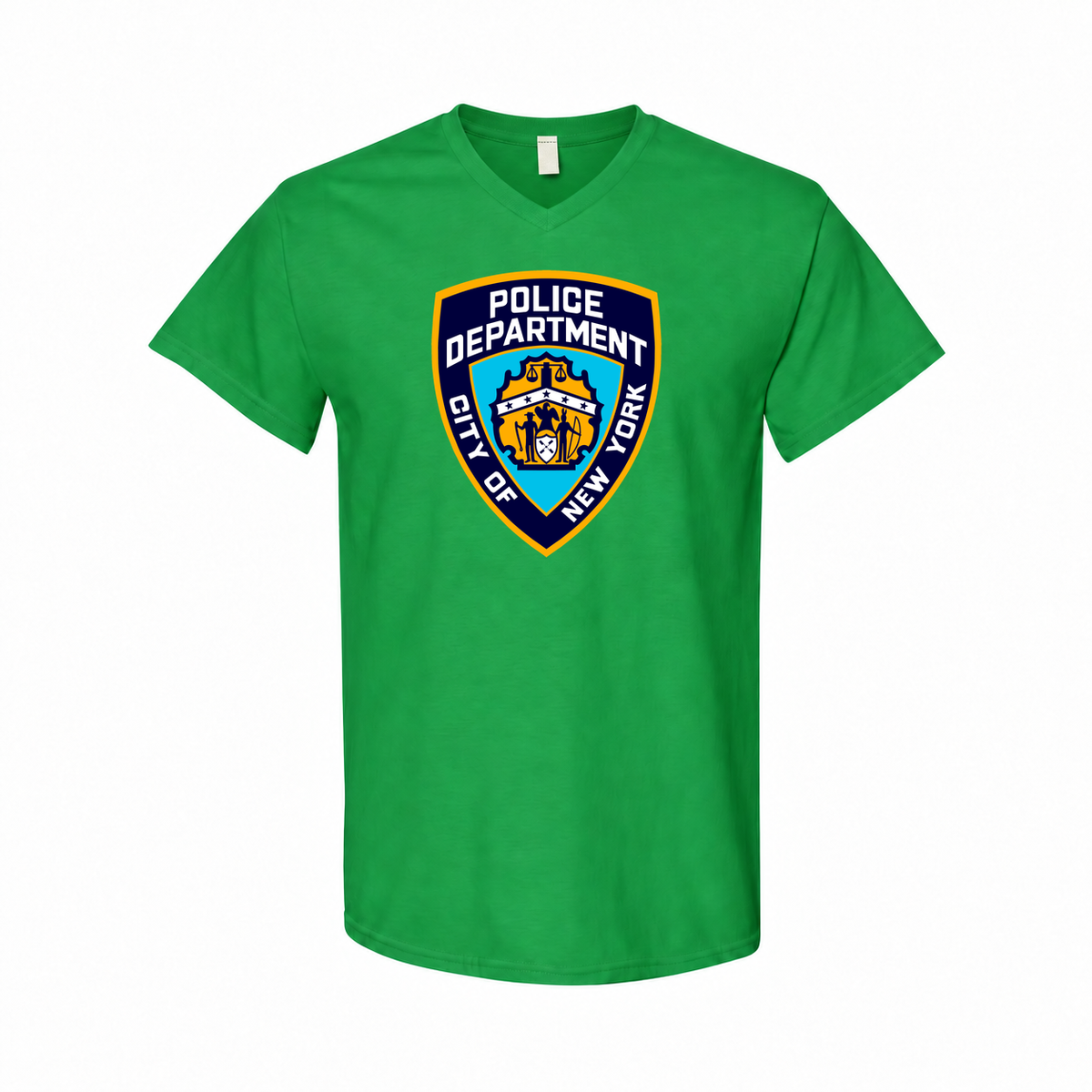 Men's NYPD Cotton V-Neck T-Shirt, Green, original NYPD crest