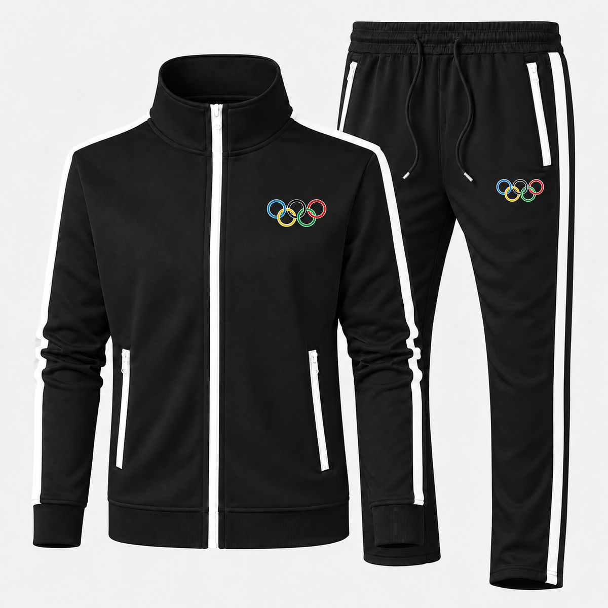 Olympics Rings Black new-style tracksuit with outlined five-ring chest and pocket logos