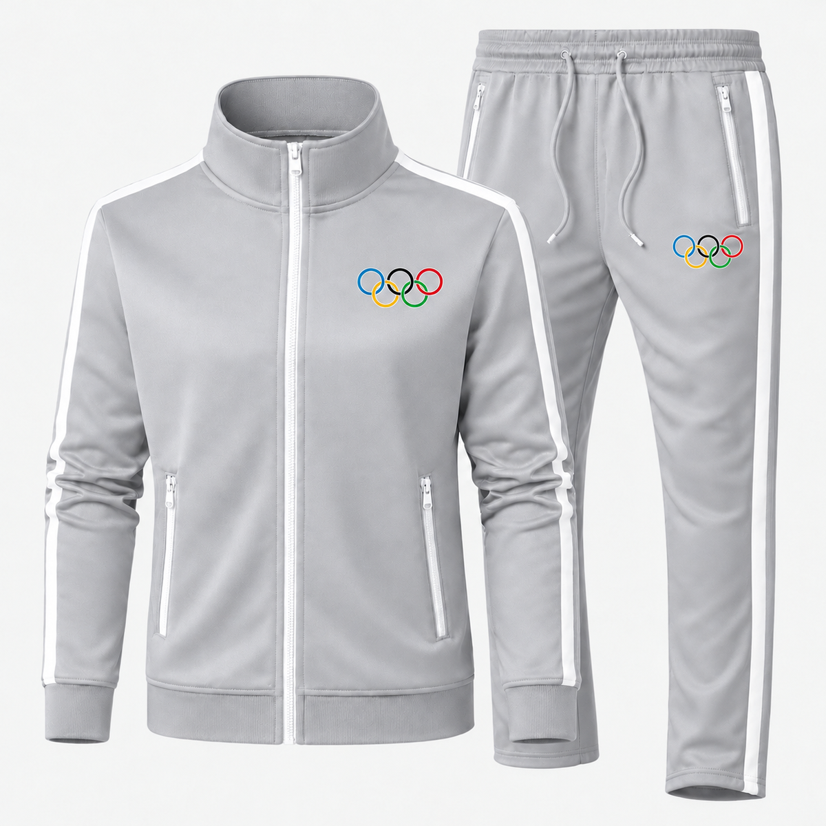 Olympics Rings gray new-style tracksuit with left-chest and left-pocket outlined five-ring logos