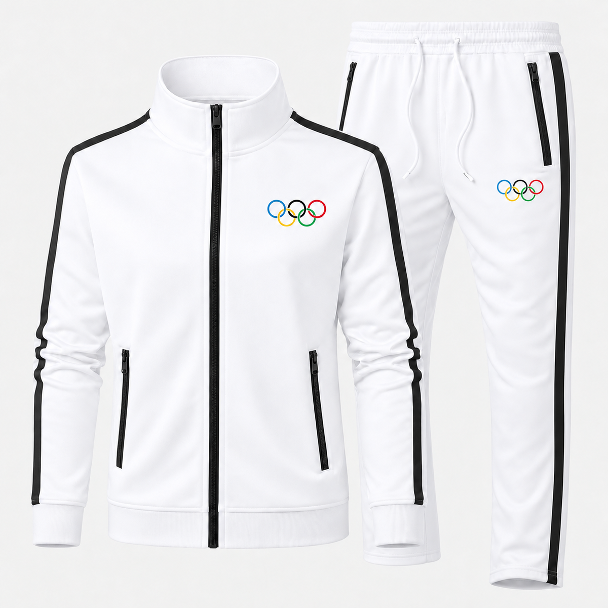 Olympics Rings White new-style tracksuit with black zipper trim and five-ring logos