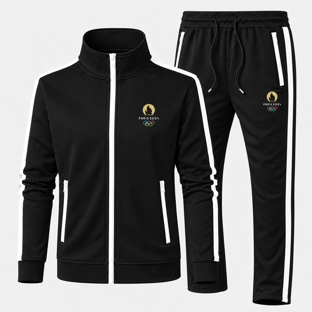 Paris 2024 gold flame Dri-Fit Tracksuit in Black, updated style with contrast zippered pockets