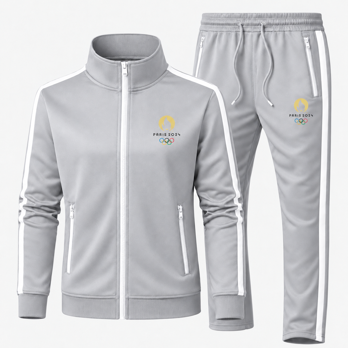 Paris 2024 gold flame Dri-Fit Tracksuit in Gray, updated style with contrast zippered pockets