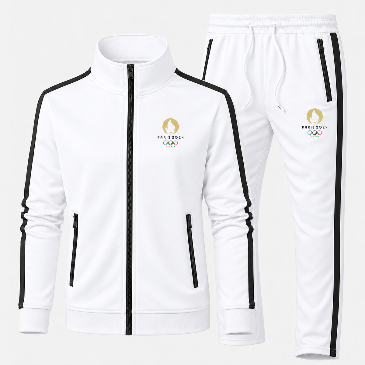 Paris 2024 gold flame Dri-Fit Tracksuit in White, updated style with contrast zippered pockets