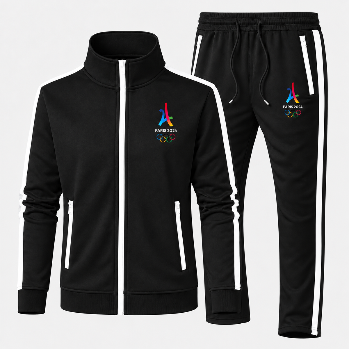 Paris 2024 multicolor with rings Dri-Fit Tracksuit in Black, new style with contrast zippered pockets