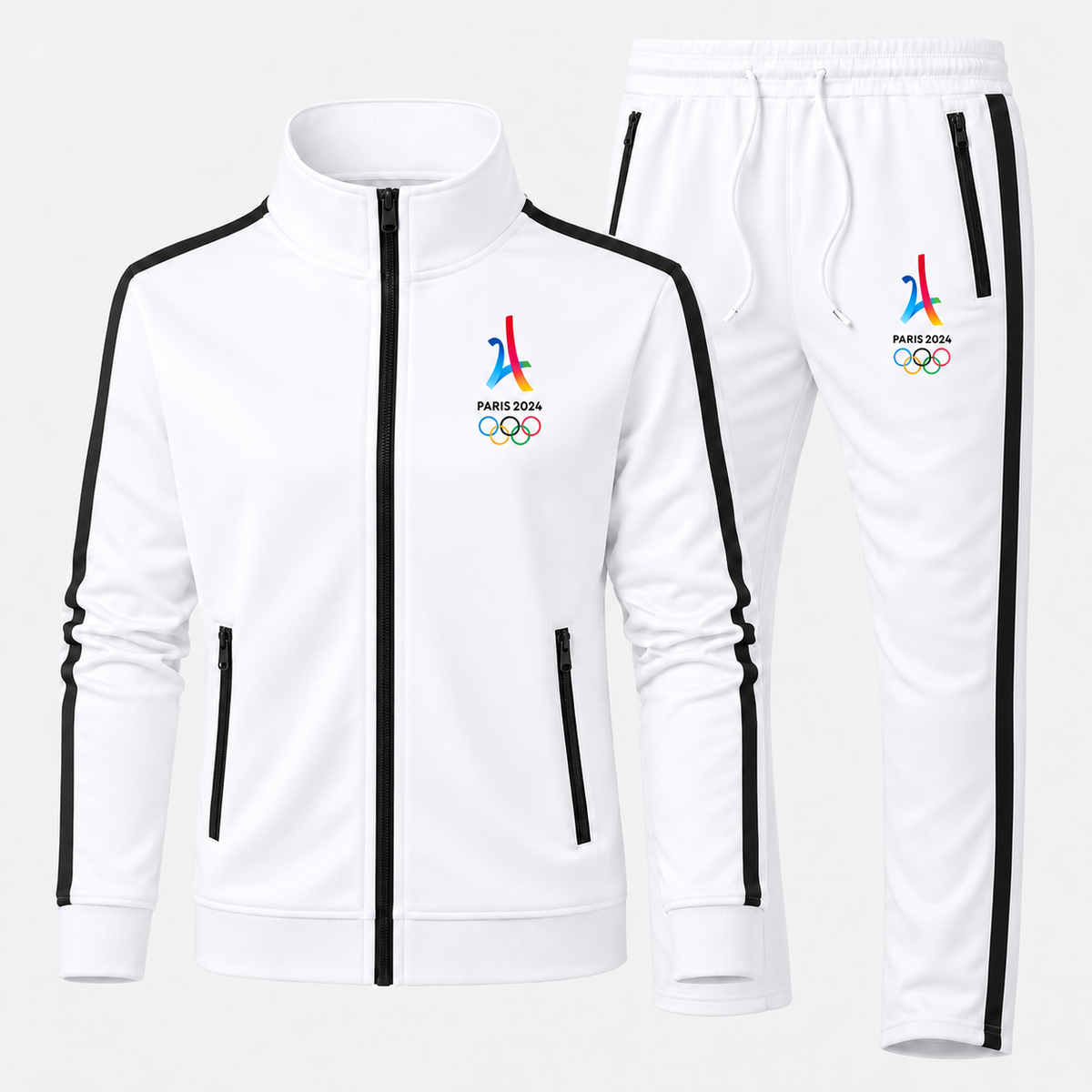 Paris 2024 multicolor with rings Dri-Fit Tracksuit in White, new style with contrast zippered pockets