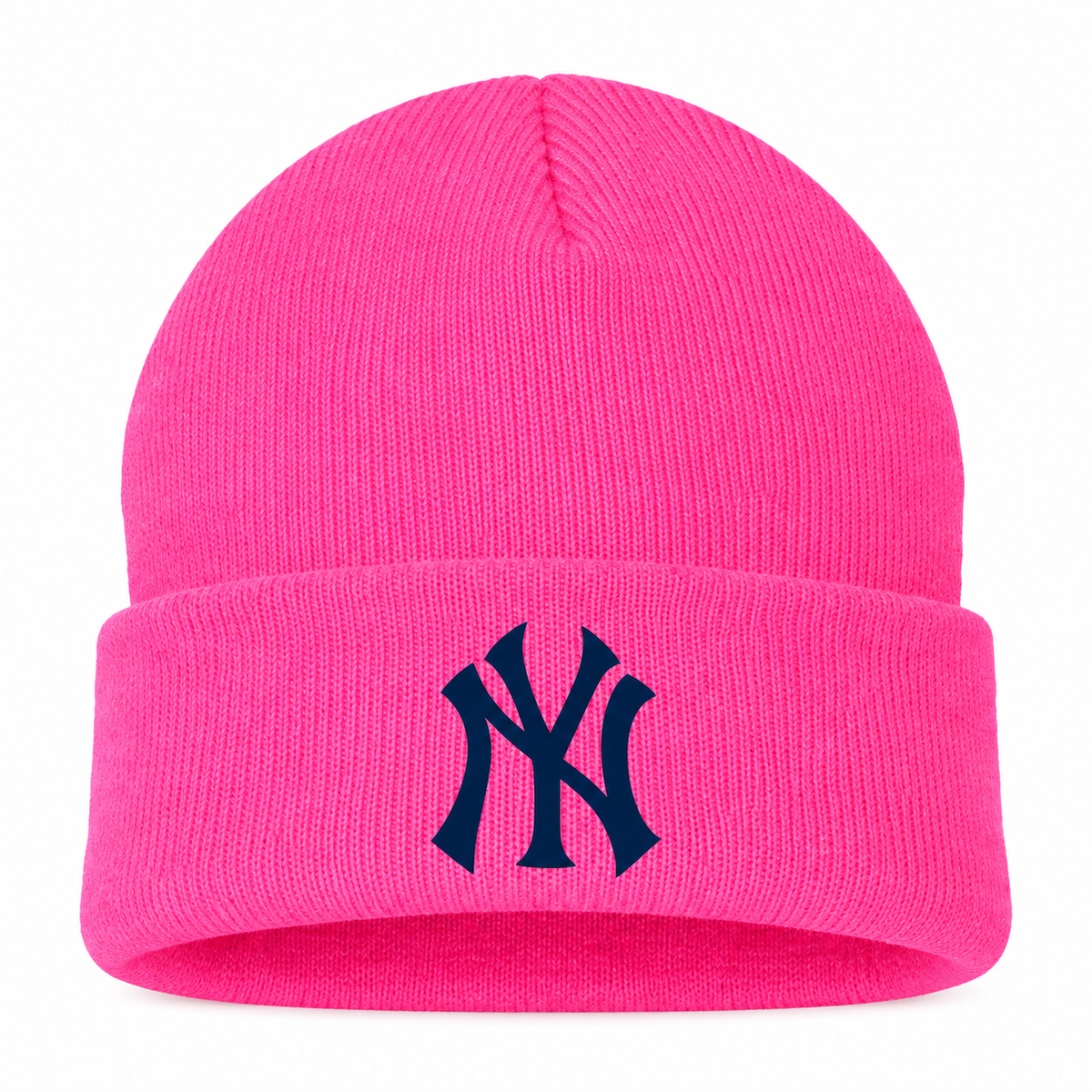 Pink New York Yankees beanie hat - front view