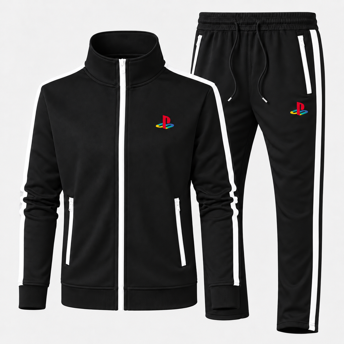 Classic multicolor PlayStation Dri-Fit Tracksuit in Black, updated style with contrast zippered pockets