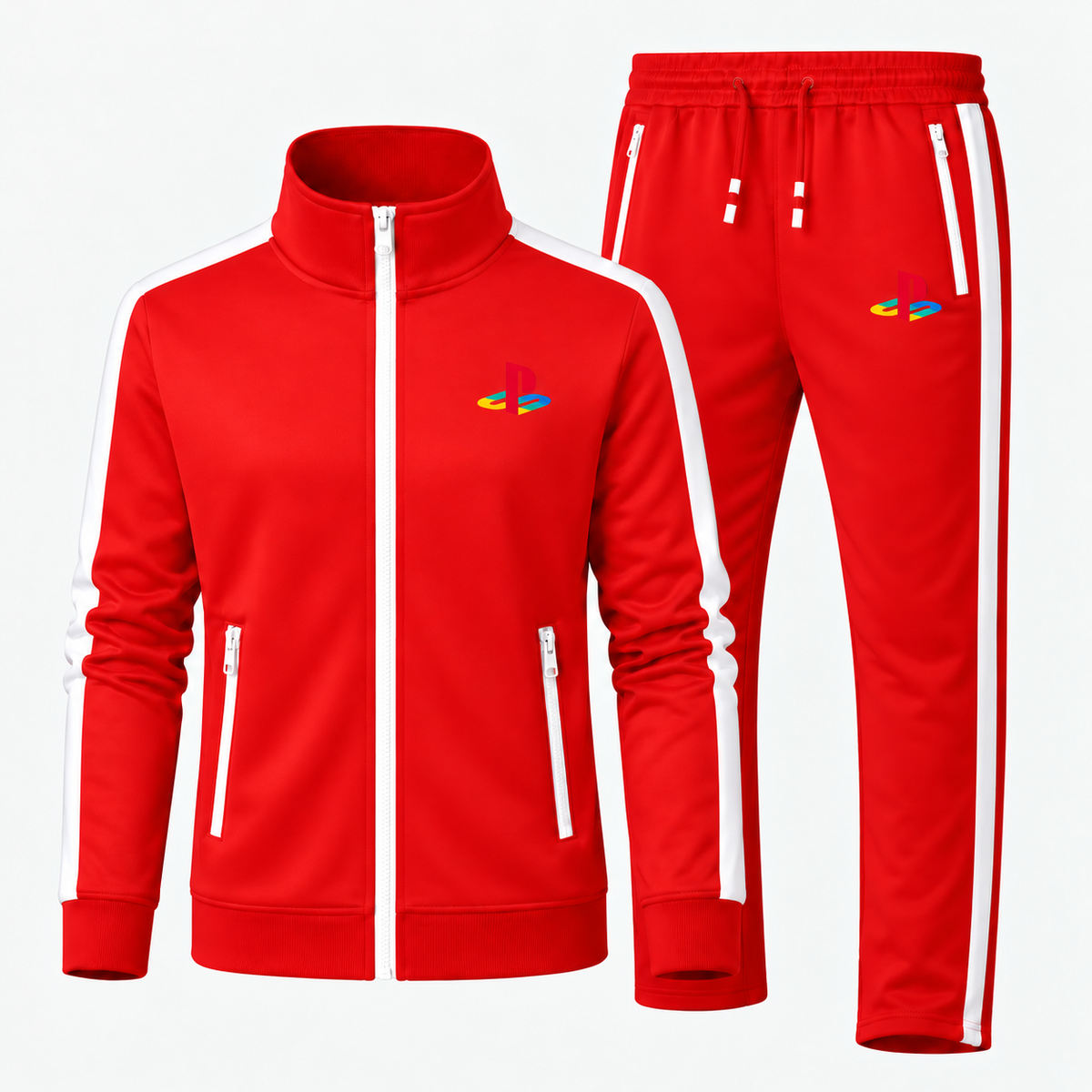 Classic multicolor PlayStation Dri-Fit Tracksuit in Red, updated style with contrast zippered pockets