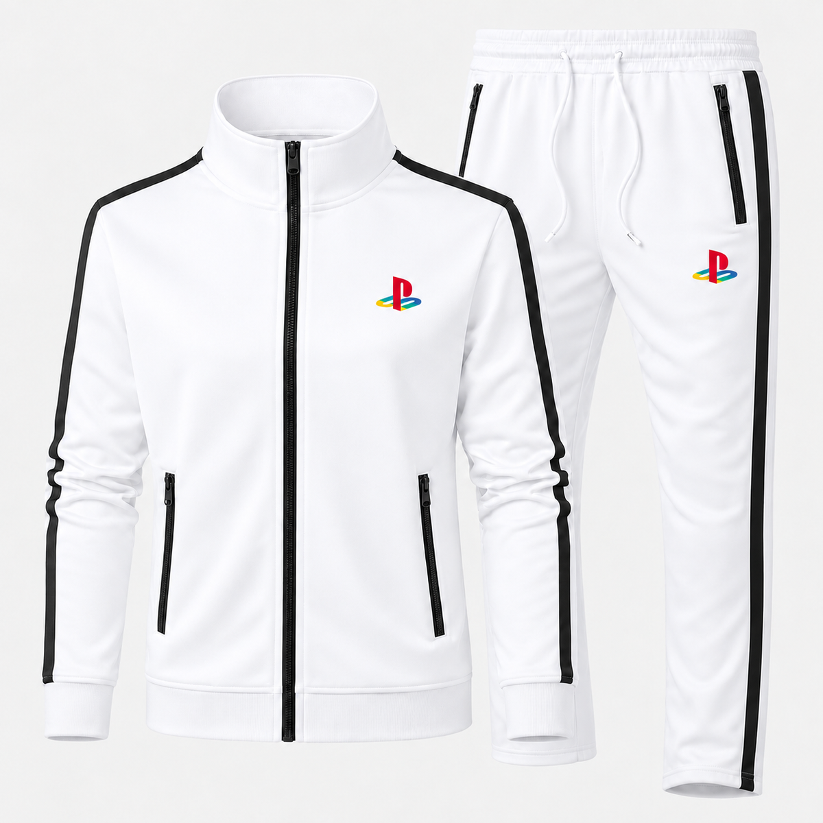 Classic multicolor PlayStation Dri-Fit Tracksuit in White, updated style with contrast zippered pockets