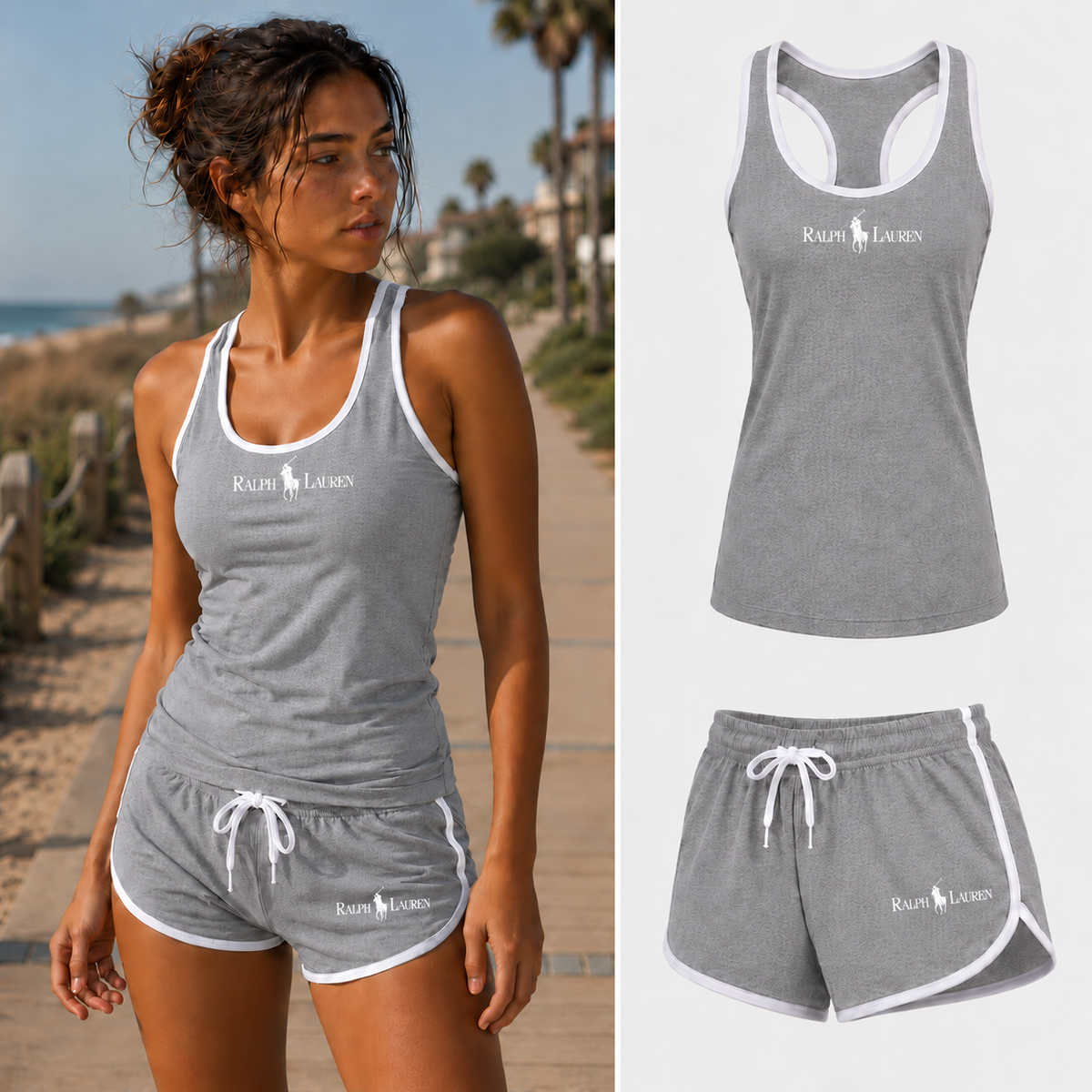Women's Polo Ralph Lauren white design tank top and shorts set, Gray