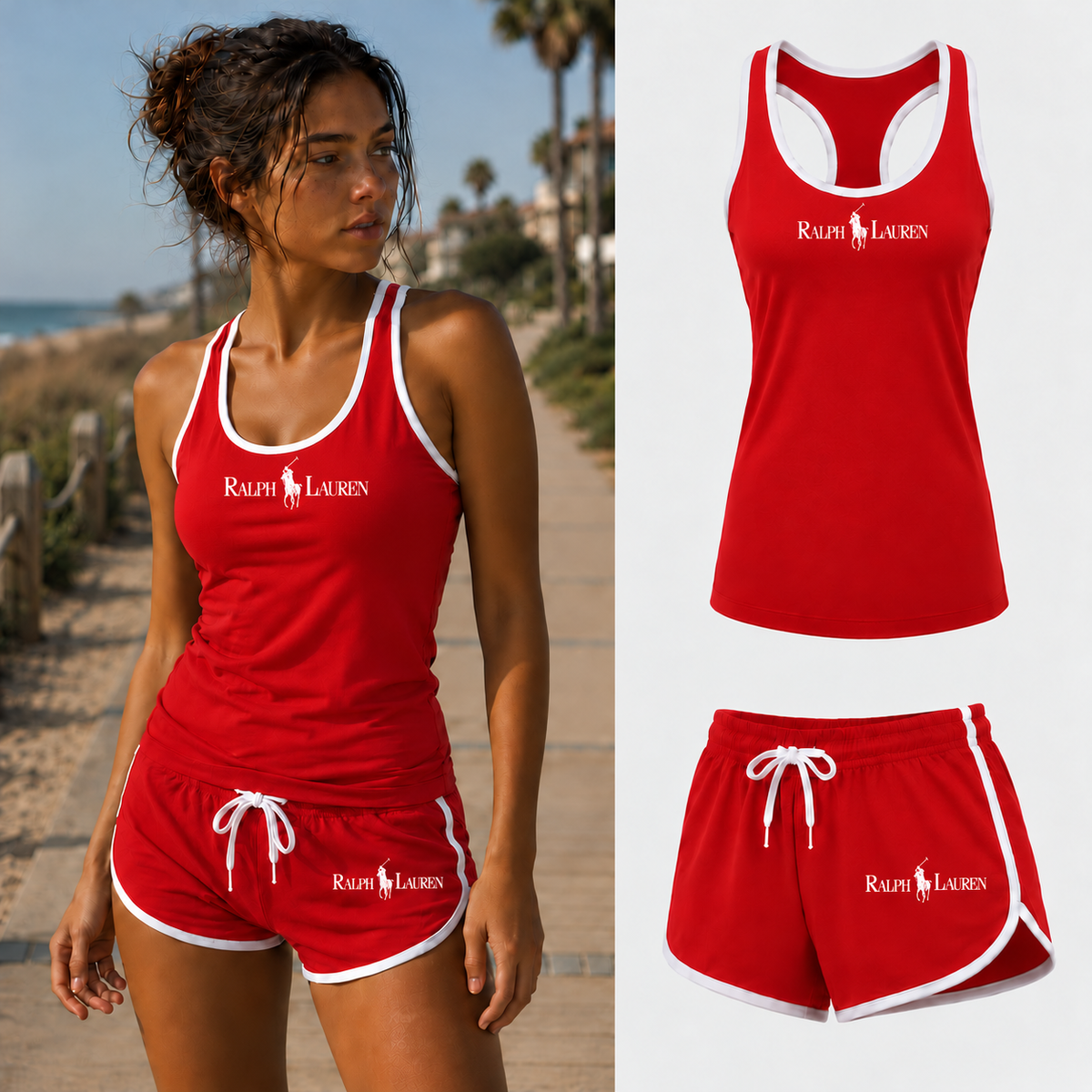 Women's Polo Ralph Lauren white design tank top and shorts set, Red