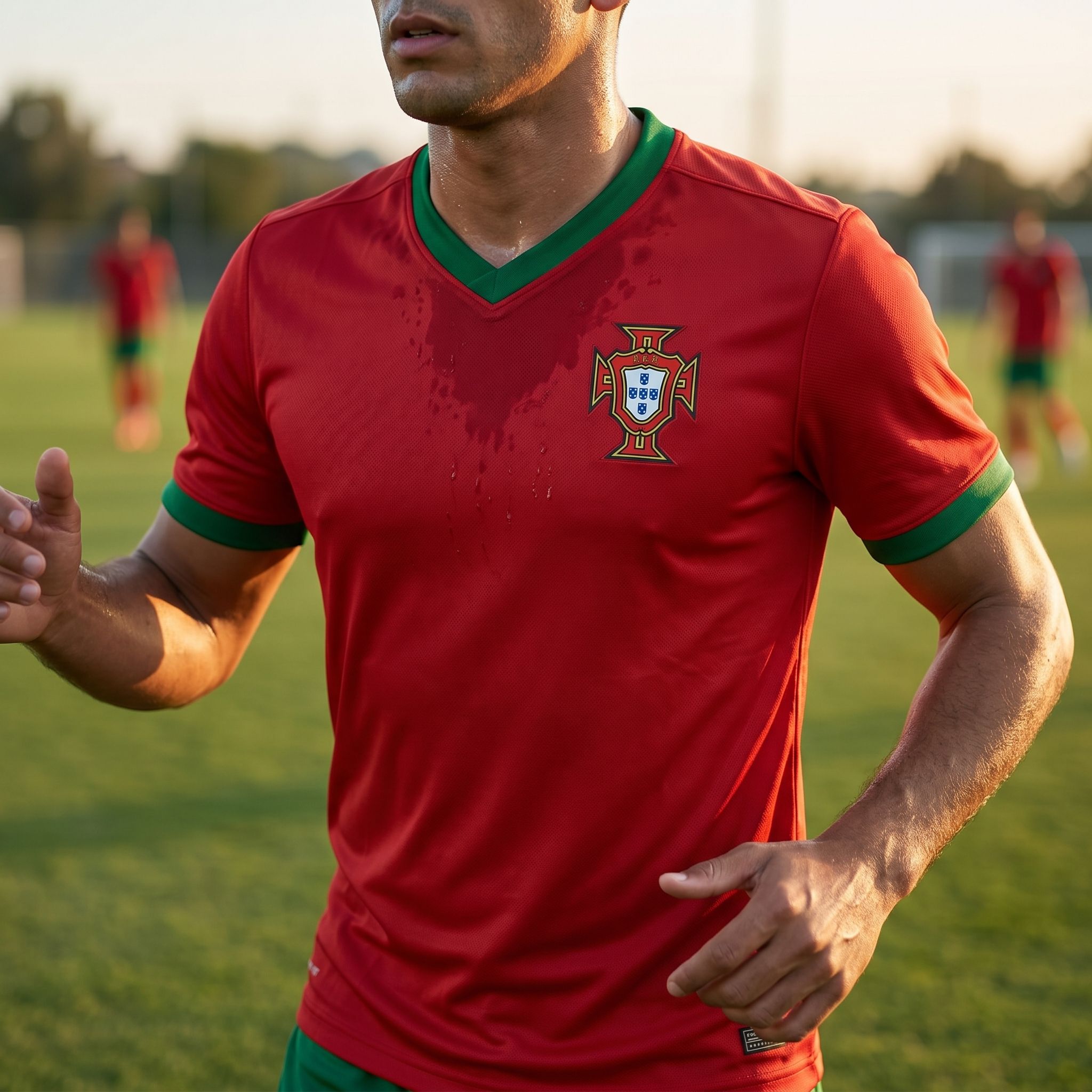 Close-up of Portugal soccer jersey showing moisture-wicking fabric during outdoor training at golden hour, mid-action shot.