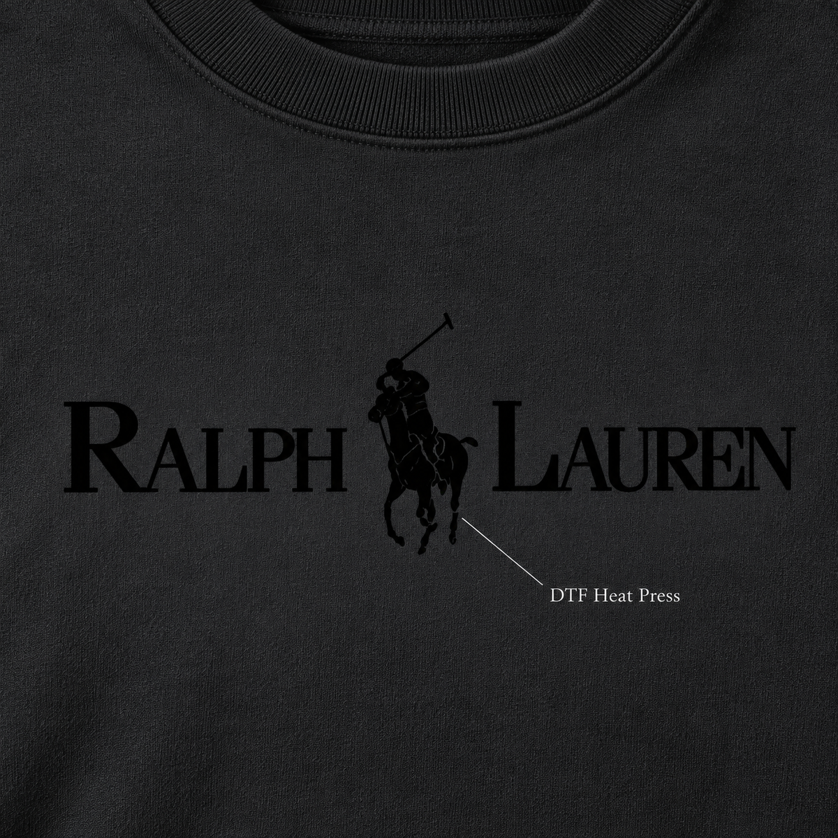 Black - DTF Heat Press Detail - Ralph Lauren Crewneck Sweatshirt