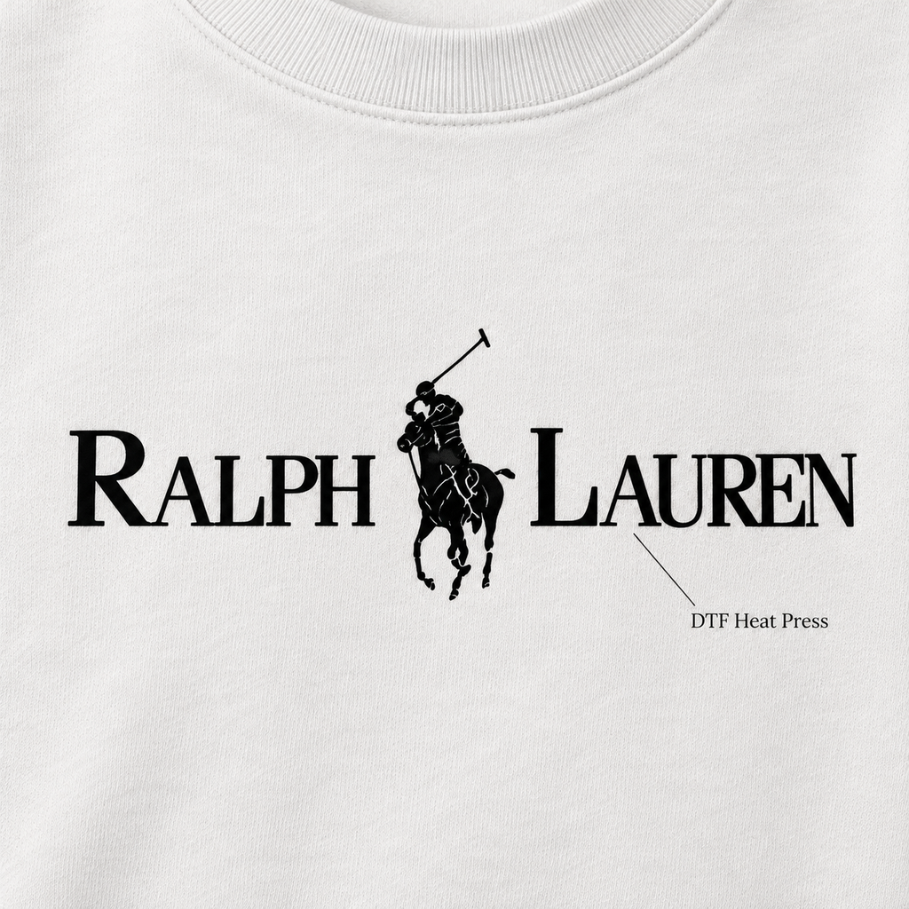 White - DTF Heat Press Detail - Ralph Lauren Crewneck Sweatshirt