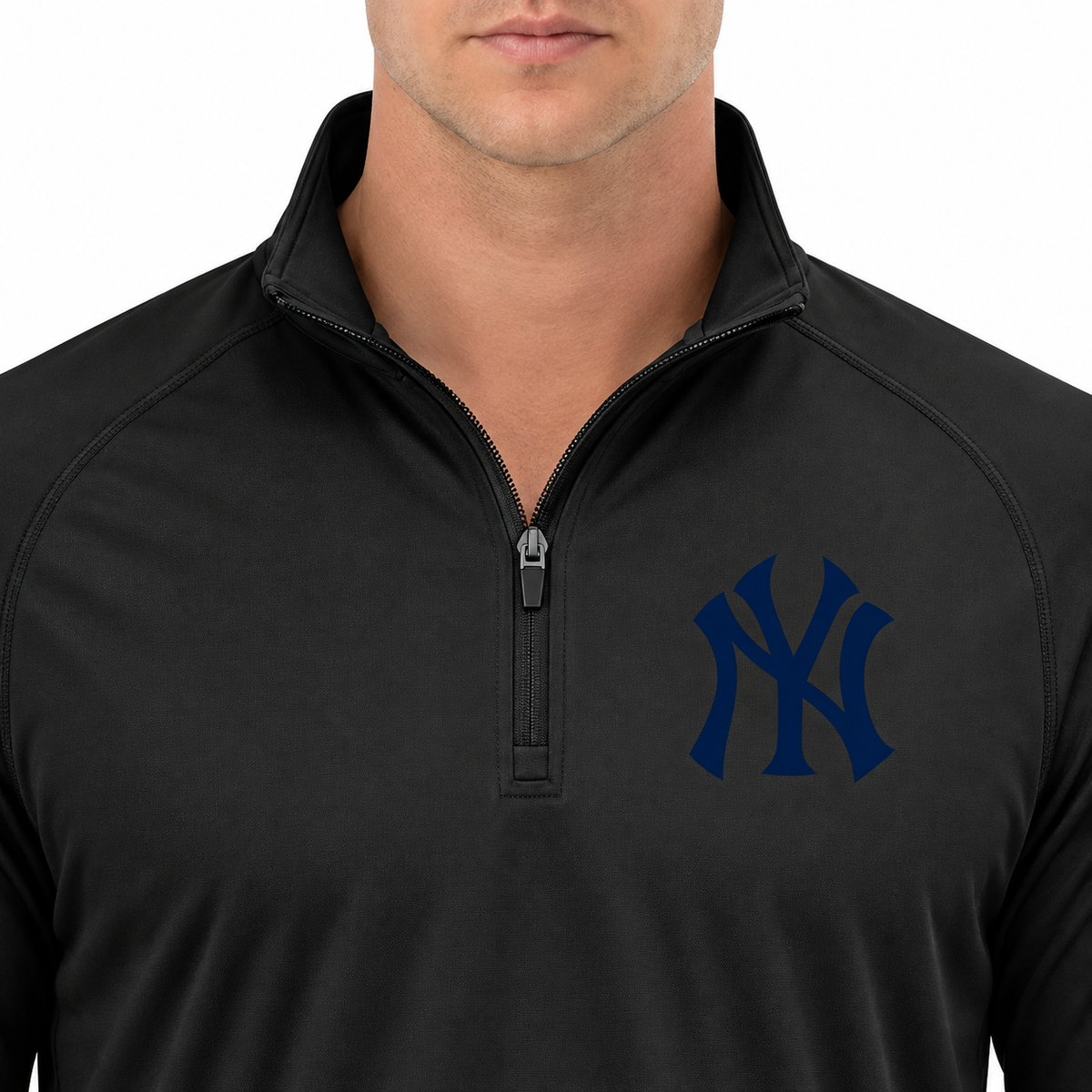 Black New York Yankees quarter-zip athletic shirt - DTF print close-up