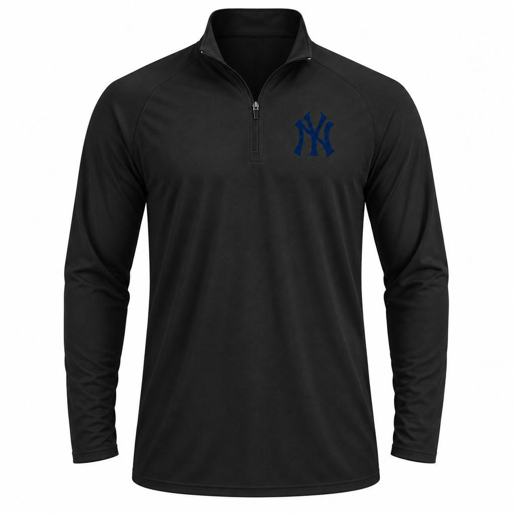 Black New York Yankees quarter-zip athletic shirt - front view