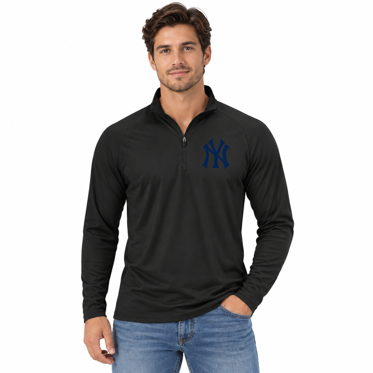 Black New York Yankees quarter-zip athletic shirt - model wearing view