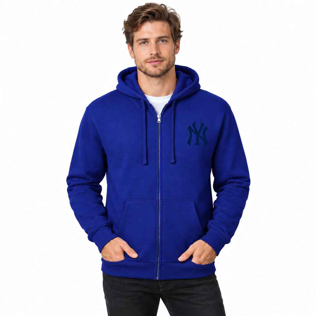 Royal Blue New York Yankees zipper hoodie - model wearing view