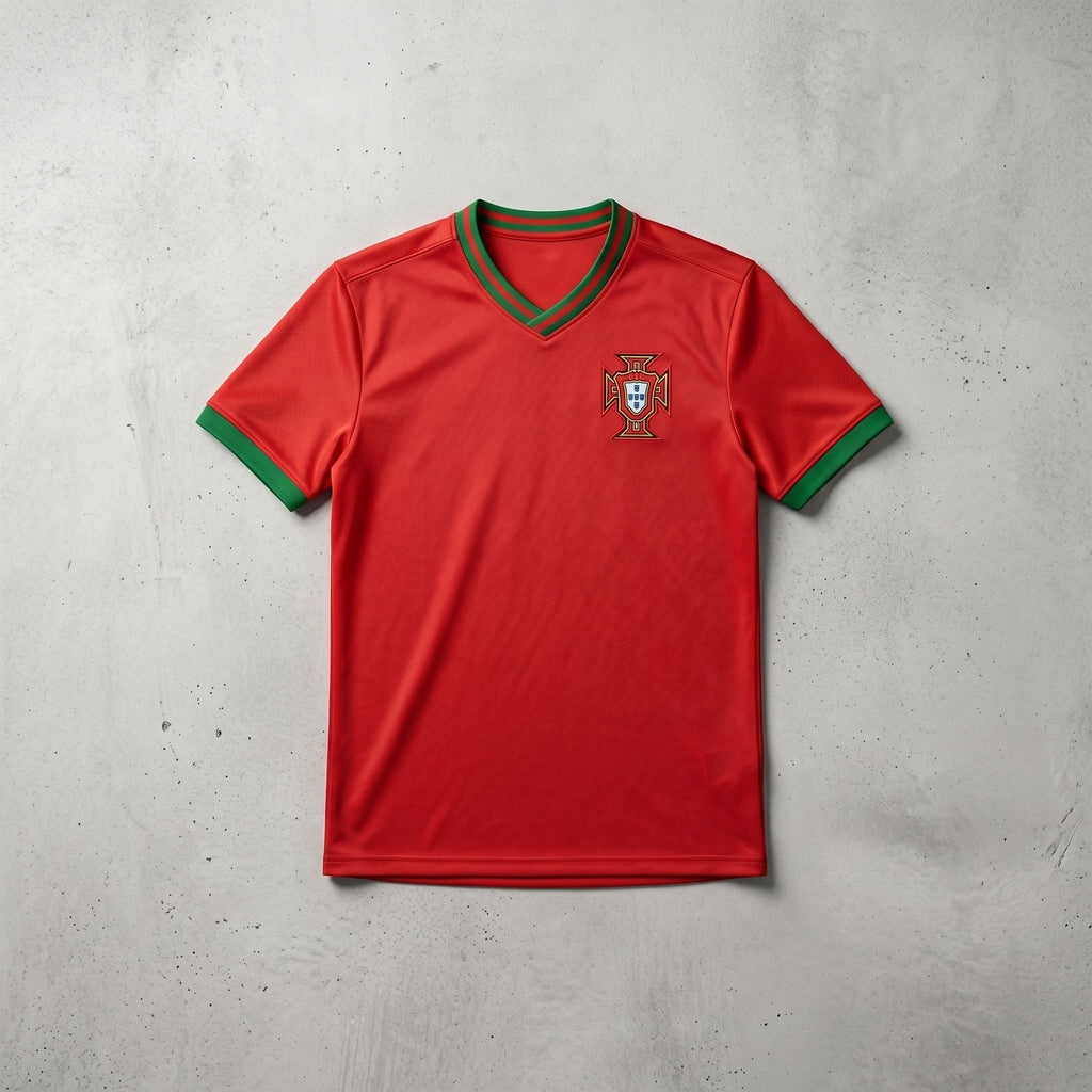 Flat lay of Portugal soccer jersey on textured surface with soft lighting, emphasizing fabric details and construction.