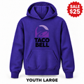 Taco Bell Purple sale youth pullover hoodie with original design, YOUTH LARGE label and SALE $25 badge.