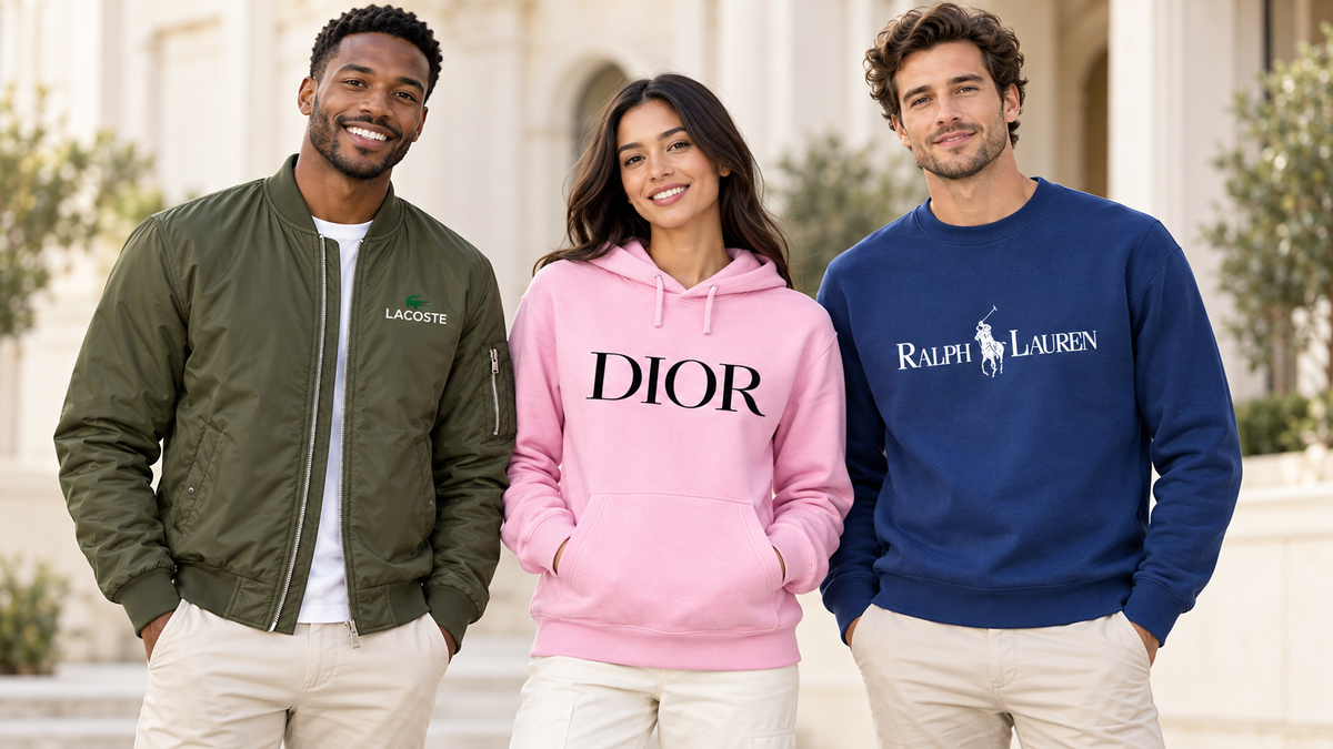 Three models wearing an army green Lacoste bomber jacket, pink Dior pullover hoodie, and blue Ralph Lauren crewneck sweatshirt.