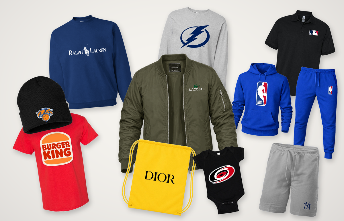 Ten store designs on a Lacoste bomber, Ralph Lauren crewneck, Knicks beanie, Yankees shorts, MLB polo, Dior drawstring bag, Hurricanes onesie, Lightning long-sleeve shirt, Burger King T-shirt, and NBA hoodie and jogger set.