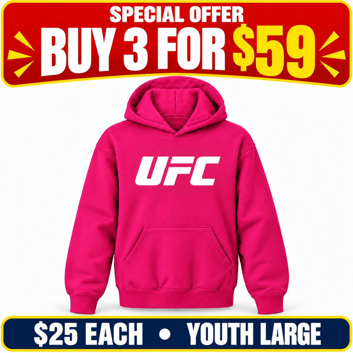 Youth UFC hoodie — hot pink — Buy 3 for $59; $25 each; Youth Large