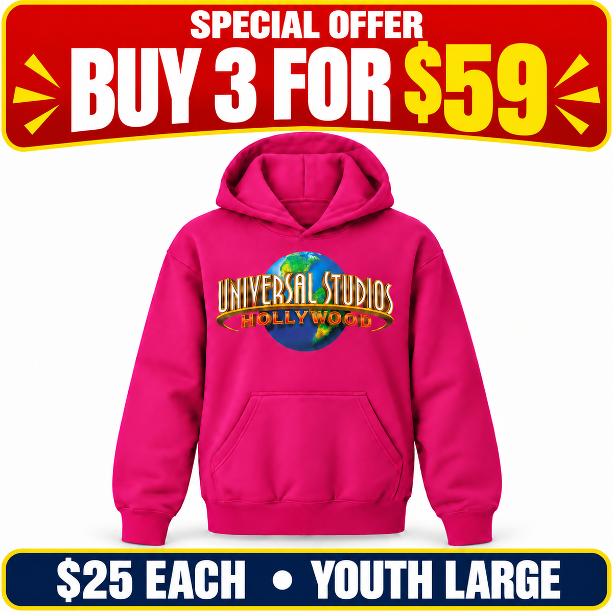 universal studios hollywood sale hot pink; Special offer: buy 3 for $59. $25 each. Youth Large.