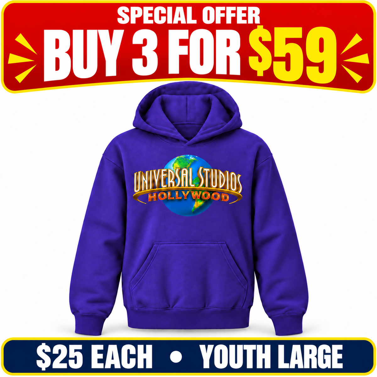 universal studios hollywood sale purple; Special offer: buy 3 for $59. $25 each. Youth Large.