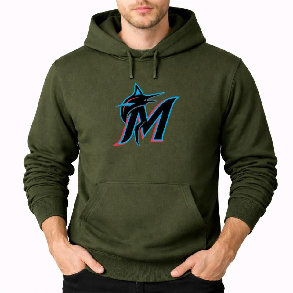 Men's Miami Marlins Pullover Hoodie - Army Green