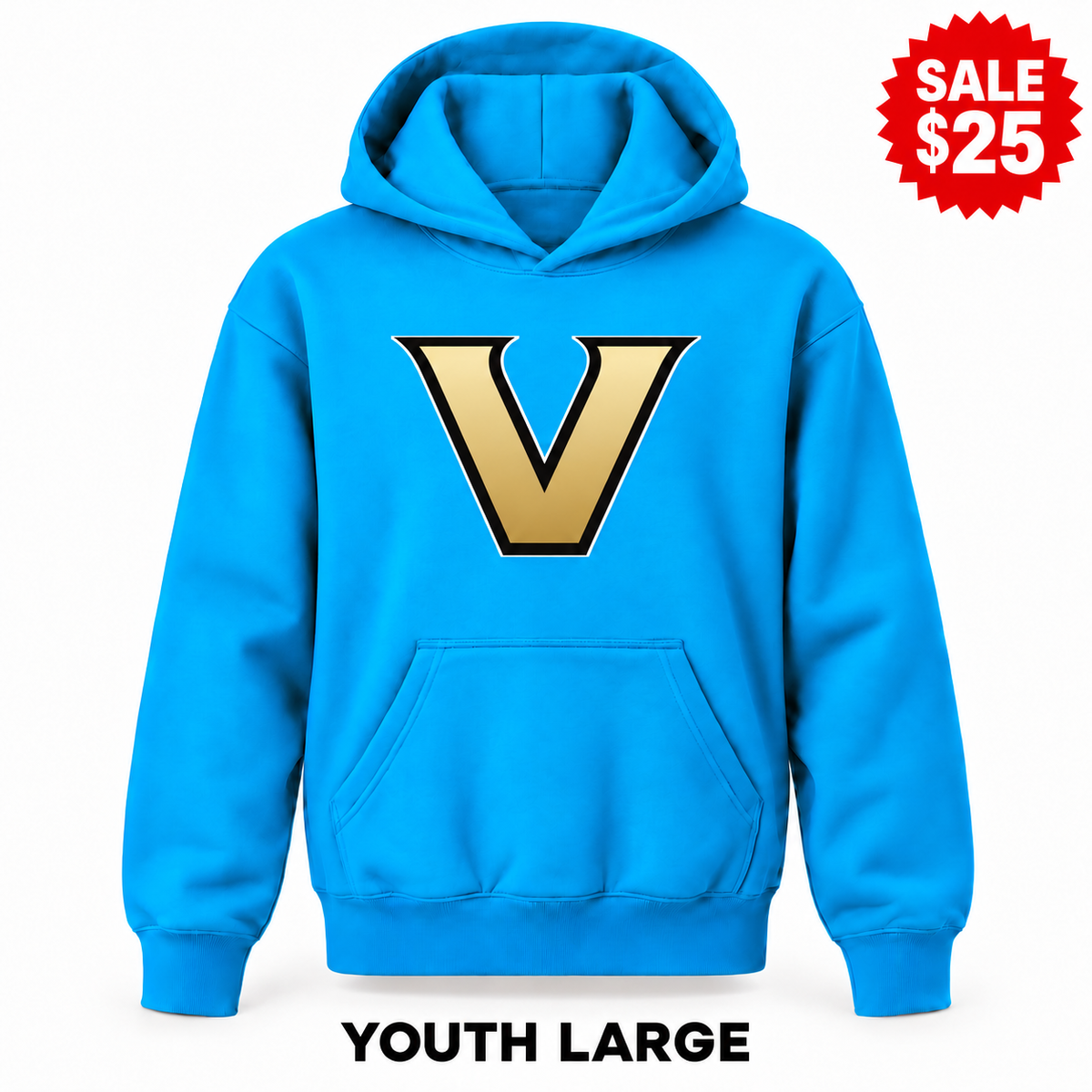 Vanderbilt Commodores Turquoise sale youth pullover hoodie with original design, YOUTH LARGE label and SALE $25 badge.