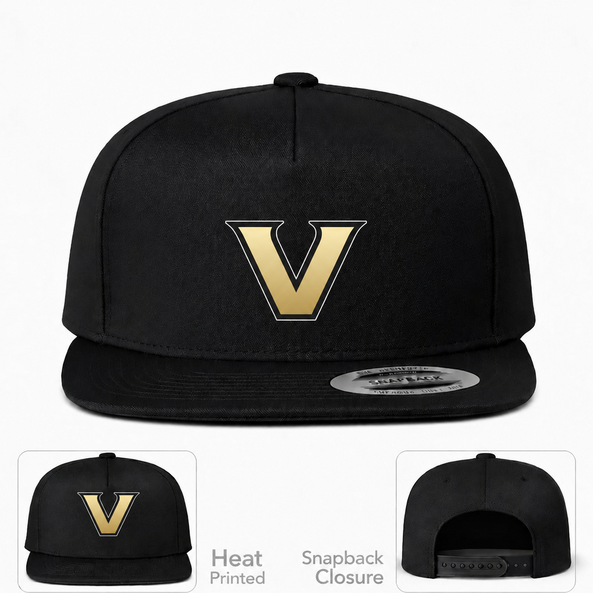 Vanderbilt Commodores snapback hat with matching gold V on main and inset front views
