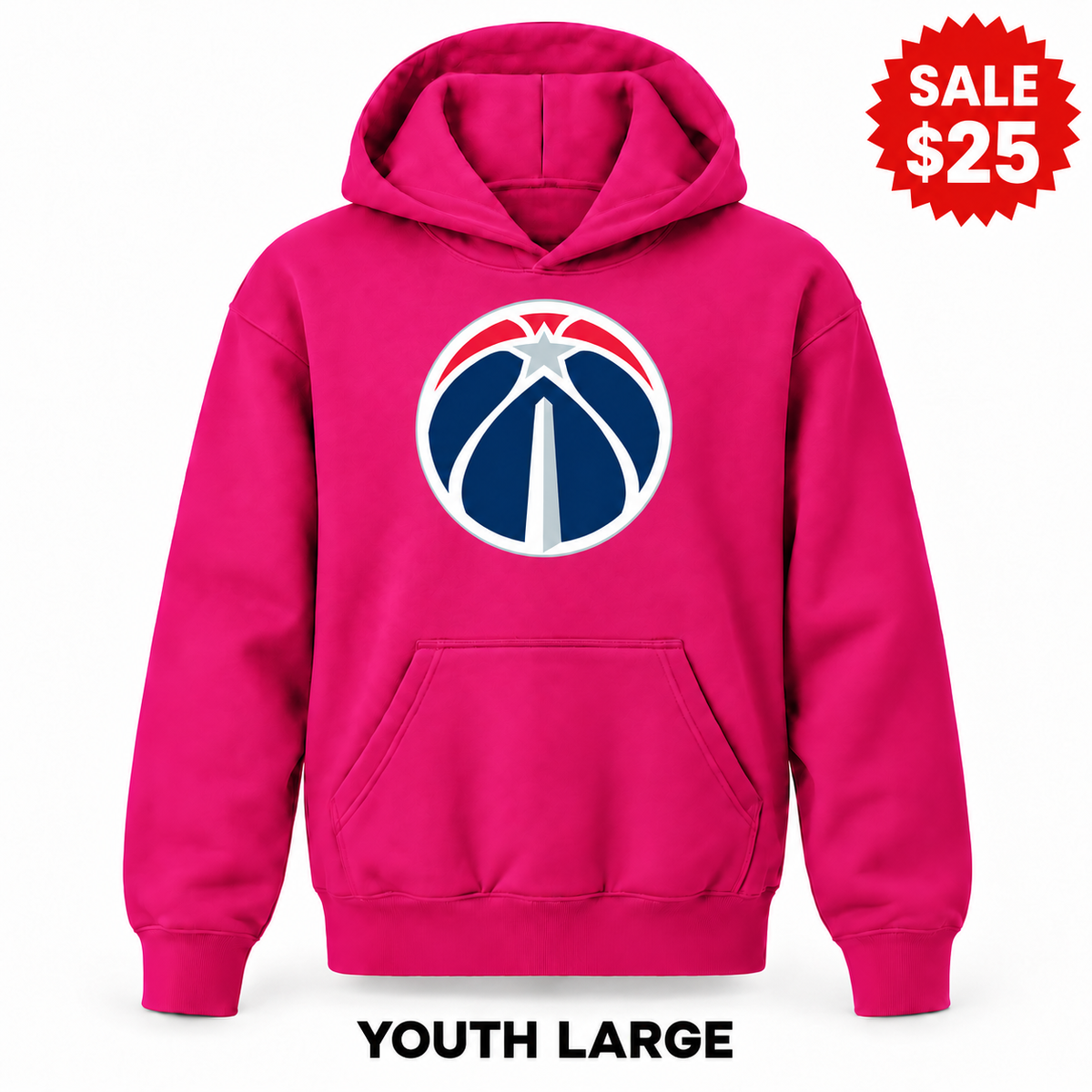 Washington Wizards Hot Pink sale youth pullover hoodie with original design, YOUTH LARGE label and SALE $25 badge.