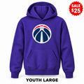 Washington Wizards Purple sale youth pullover hoodie with original design, YOUTH LARGE label and SALE $25 badge.