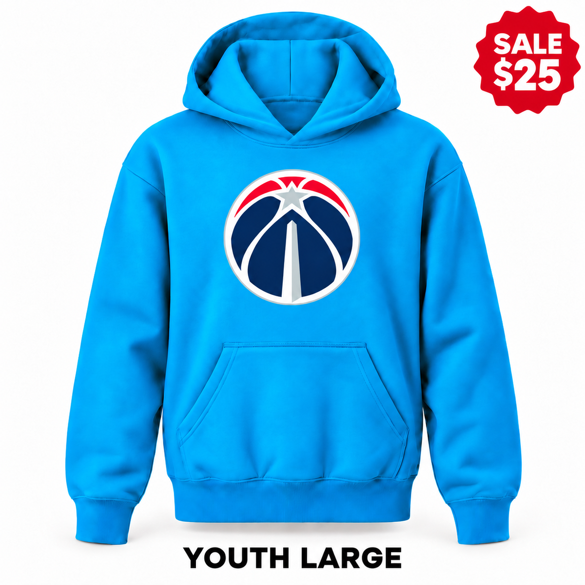 Washington Wizards Turquoise sale youth pullover hoodie with original design, YOUTH LARGE label and SALE $25 badge.