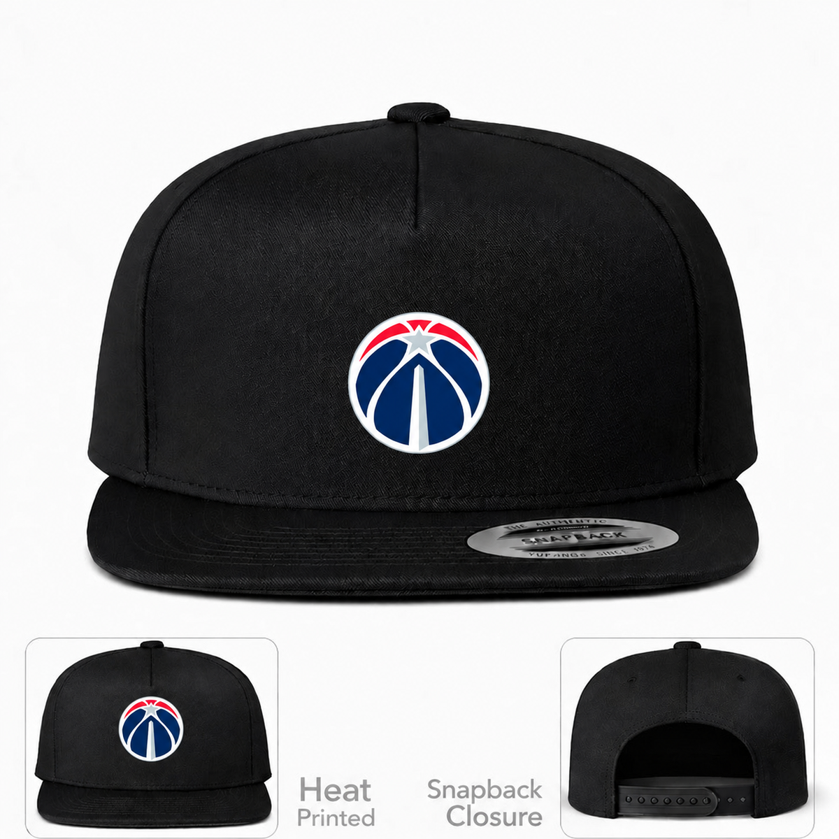 Washington Wizards snapback with matching team logo on main and inset front views