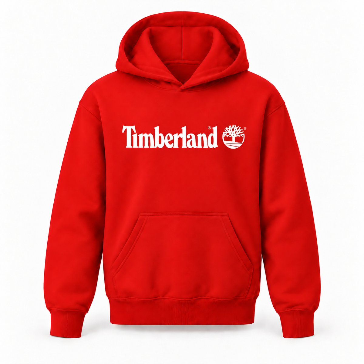 Red youth garment with contrasting white logo lettering