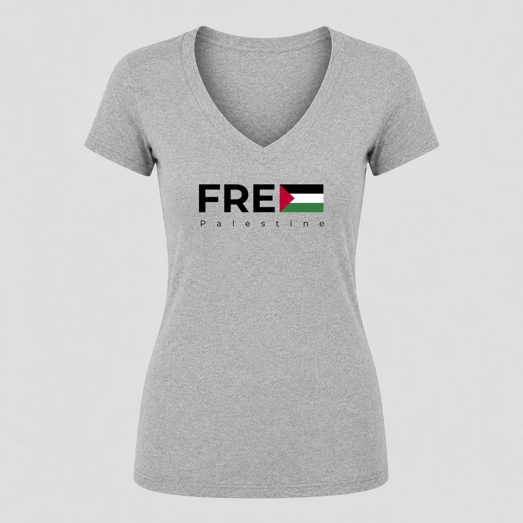 Women's Free Palestine Black V Neck T-Shirt in gray