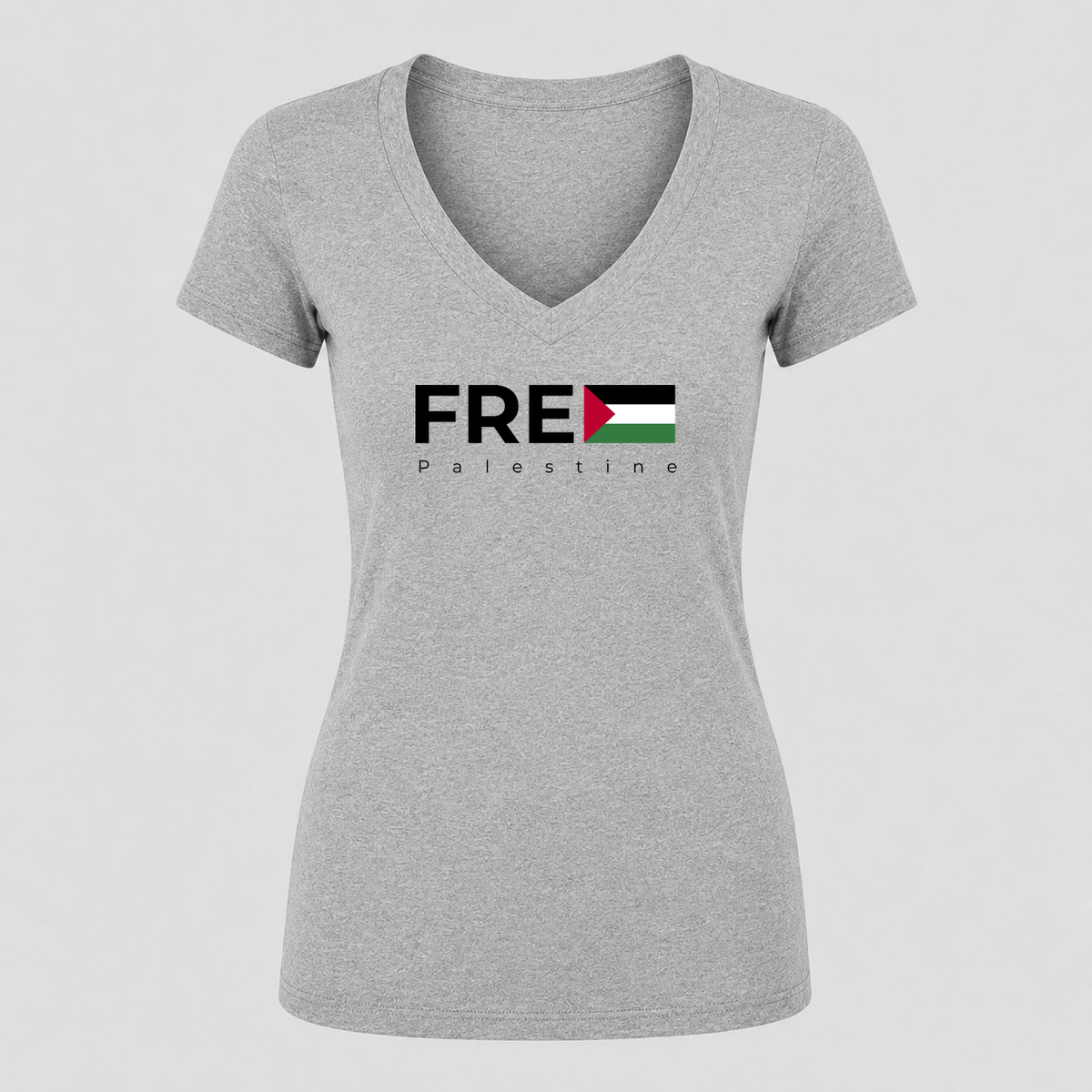 Women's Free Palestine Black V Neck T-Shirt in gray