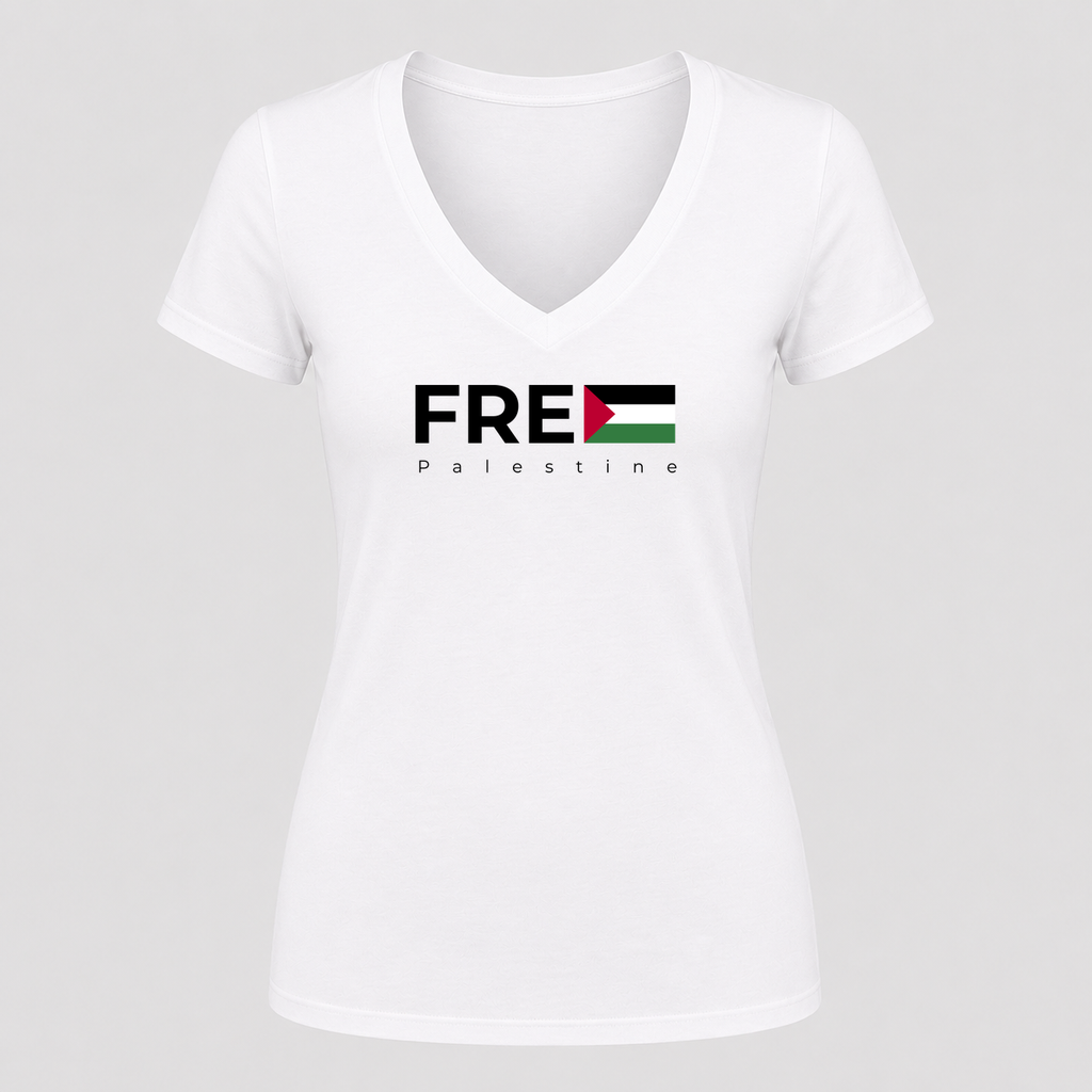 Women's Free Palestine Black V Neck T-Shirt in white