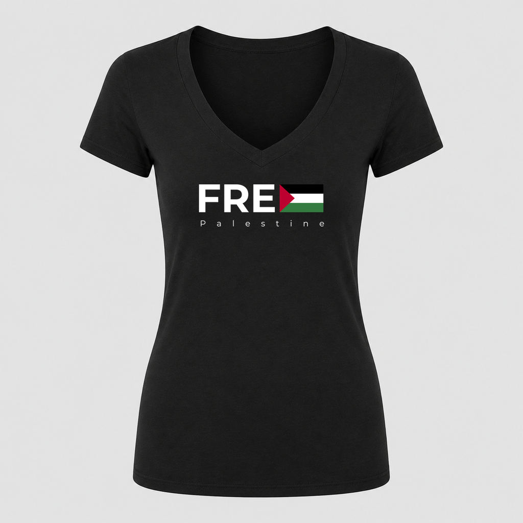 Women's Free Palestine White V Neck T-Shirt in black