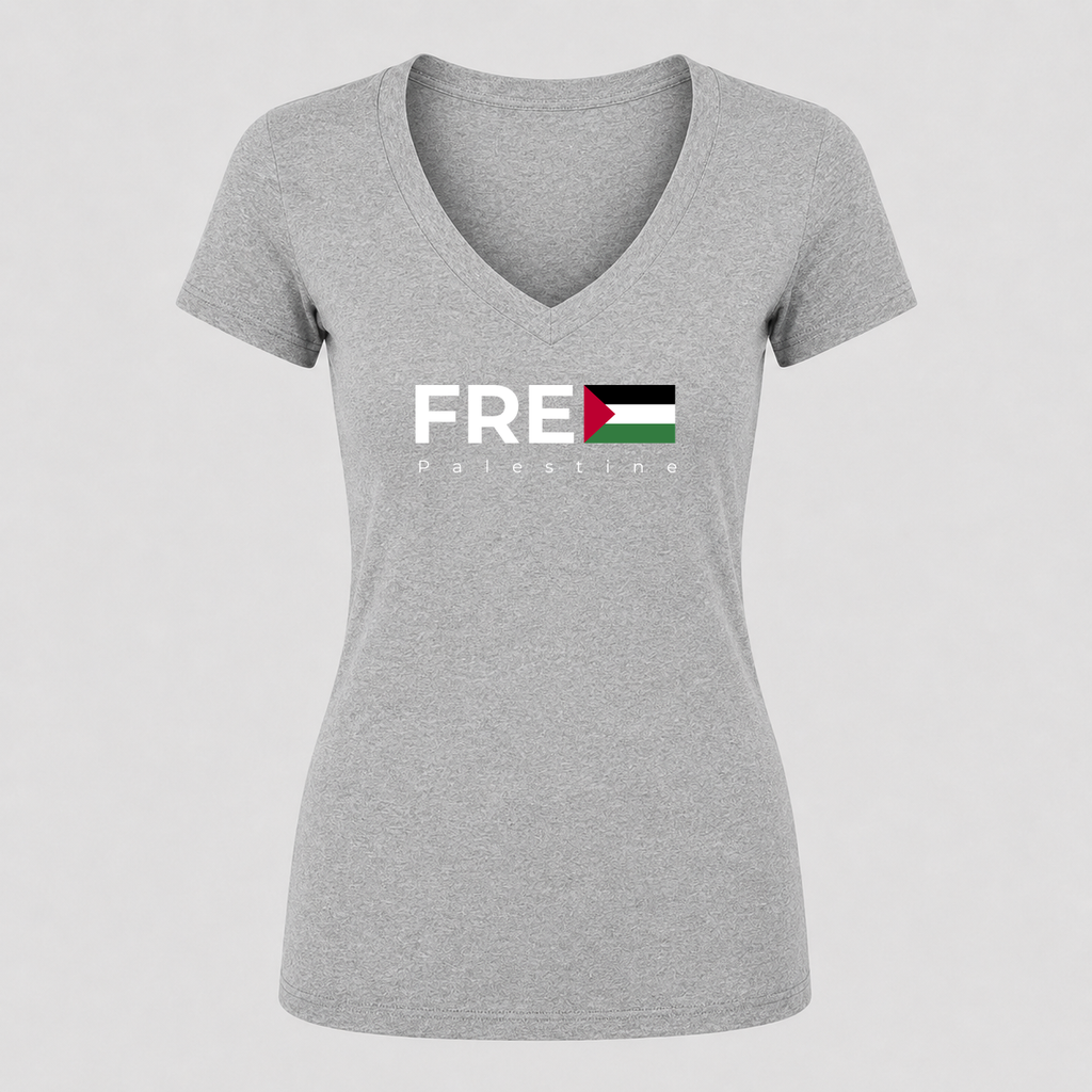 Women's Free Palestine White V Neck T-Shirt in gray
