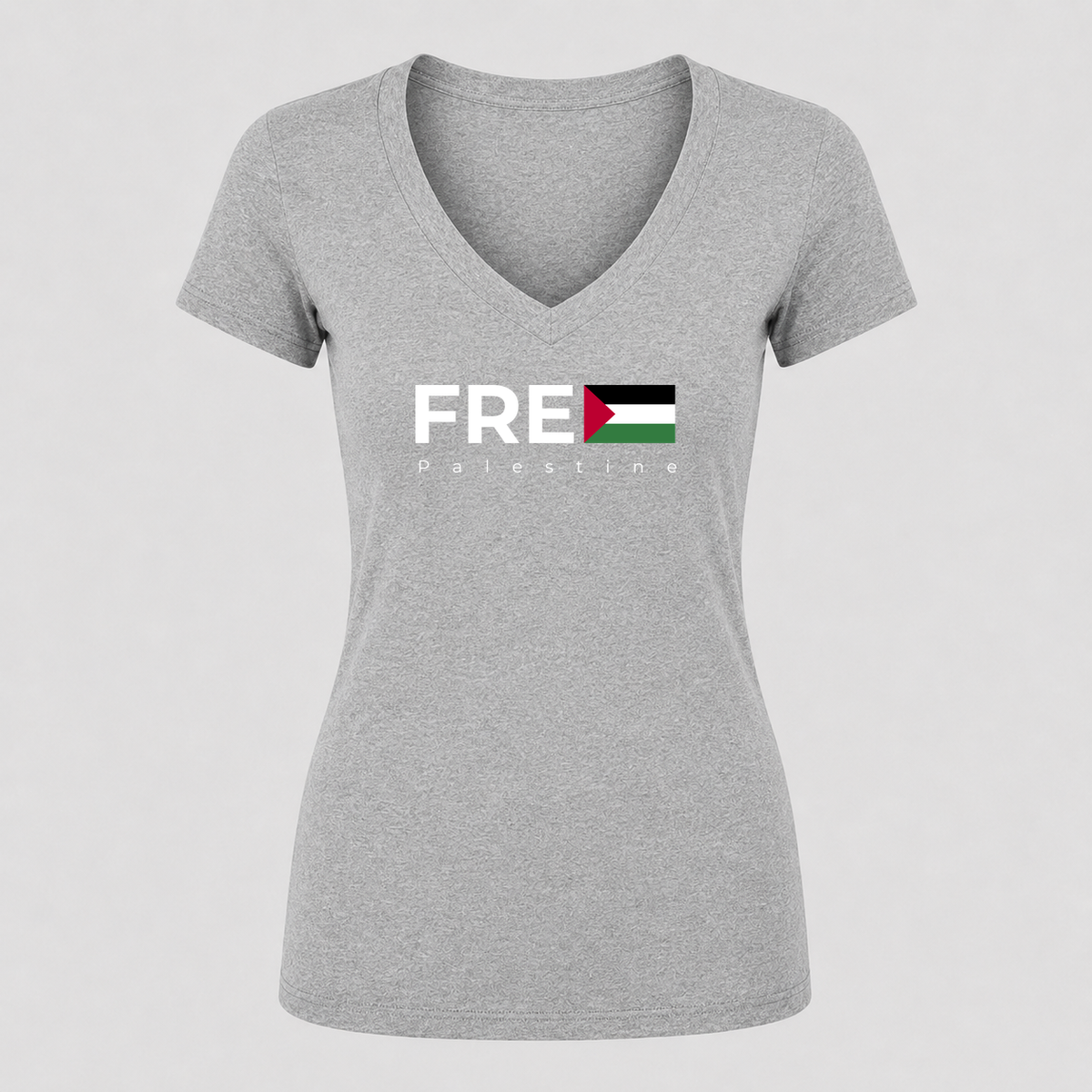 Women's Free Palestine White V Neck T-Shirt in gray