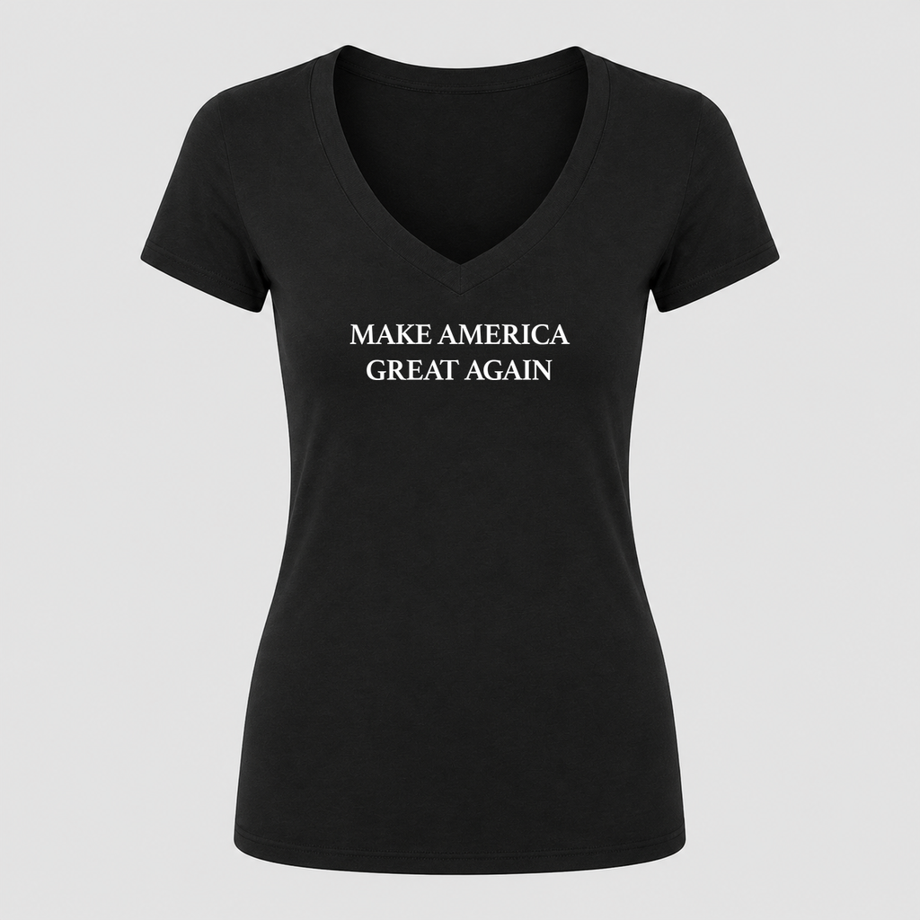 Women's Make America Great Again White Logo V Neck T-Shirt in black